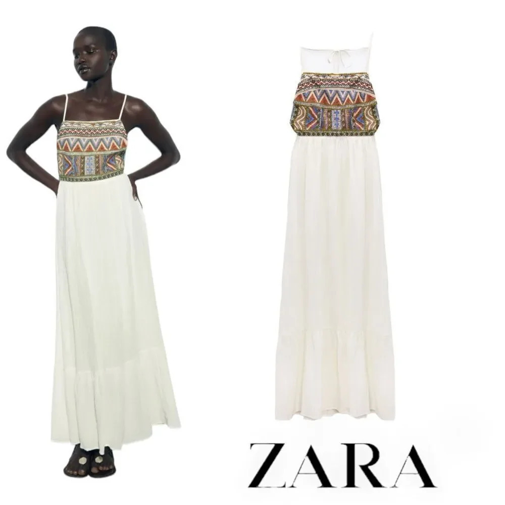 ZARA Oyster White Embroidered Beaded Maxi Dress NWT Sizes S L Boho Resort - Picture 11 of 11
